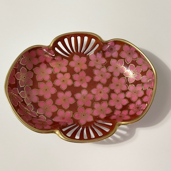 VTG RS Silesia Ruby Oval Handled Bowl With Pink Flowers Gold Trim - Picture 1 of 7
